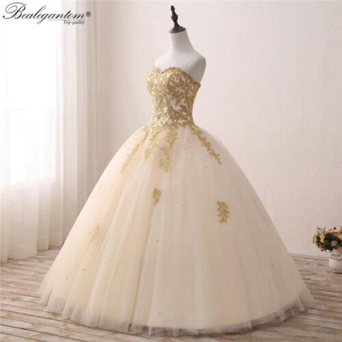 BM Gold Lace Ball Gown Quinceanera Dresses 2021 Tulle Beads Vestidos 15 Anos Sweet 16 Prom Party Gown Via Express Shipping BM352