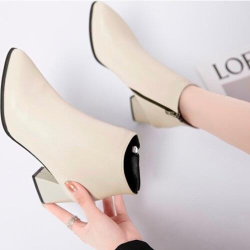 2021 New Fashion Leather Ankle Boots Women Thick High Heels Zipper Pointed Toe Autumn Winter Woman Shoes Square Heel White Black