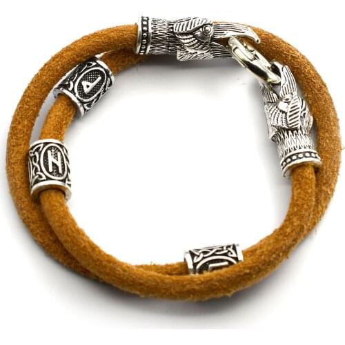 Viking Crow Head Rune Beads Leather Cowhide Bracelet Viking Fashion Mens Bracelet