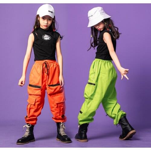 Children Ballroom Hip Hop Clothing Black Tank Crop Tops T Shirt Streetwear Tactical Cargo Pants for Girls Dance Costume Clothes