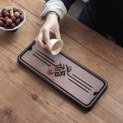 Chinese Bamboo Tea Table Tray Kung Fu Black Wood Serving Tray Tea Ceremony Water Storage Bandeja Bambu Kitchen Supplies DK50TT