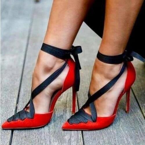 Black Ribbon Red Suede High Heel Shoes Lace-up Stiletto Heel Pointed Toe Cross Strappy Dress Shoes Mixed Patchwork Wedding Shoes