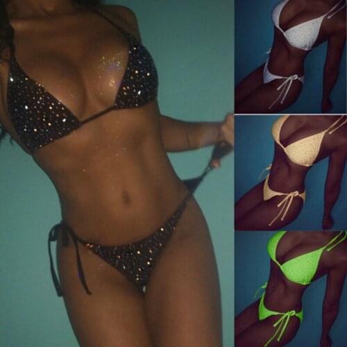 Sexy Women Crystal Diamond Glitter Lace Up Halter Thong Bikini Bandage Push-Up Swimwear Swimsuit Bathing Beach Two-Piece Suits