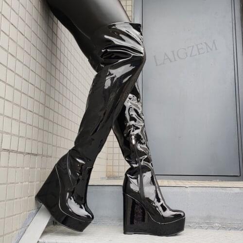LAIGZEM Women Over Knee High Boots Round Toe Boots Platform Wedges Side Zip Shiny Black Ladies Shoes Woman Big Size 43 44 47 52