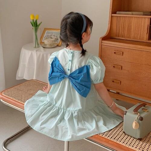 Summer Girls' Dress Puffy Sleeves Big Back Bow Cotton Cute Princess Dress Baby Kids ChildrenS Clothing For Girl