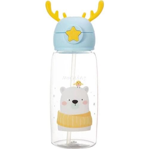 Summer creative cartoon antler straw cup strap anti-fall baby drinking plastic cup bounce children pot