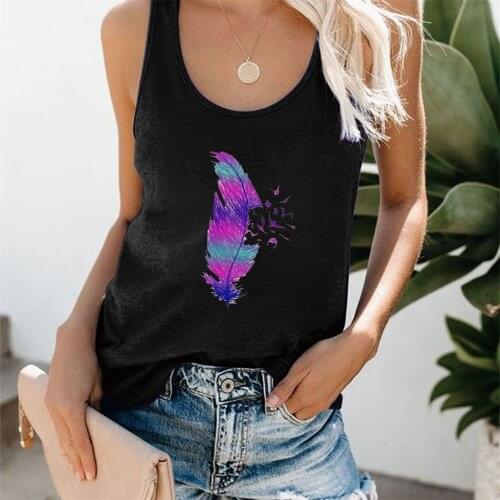 Purple Feather Print Tank Top Women Plus Suze Shirt Femme Sleeveless Summer Top Clothes Comfortable Breathable Vest for Ladies