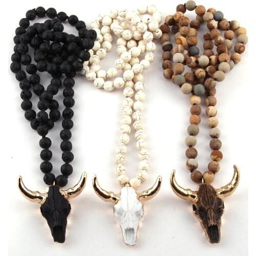 Fashion Bohemian Jewelry Long Knotted Stone Beads 3 Color Horn Pendant Necklace For Women Ethnic Necklace