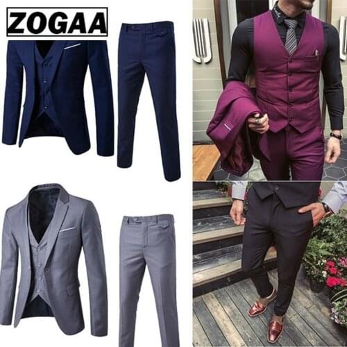 ZOGAA Men Dress Suits 2019 Business Slim Fit Wedding Groom SuitS Pure Color 3 Piece of Suits Plus Size Men Leisure Suits 5XL 4XL