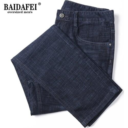 Oversized Mens Blue Black Classic Business Casual Jeans Mens Relaxed Fit Jeans Mid Waist Loose Stretch Denim Pants Trousers