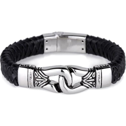Italian Silver Color Handcuff Leather Bracelets For Men Fashion Stainless Steel 22CM Cheap Braided Leather Bracelets Jewelry