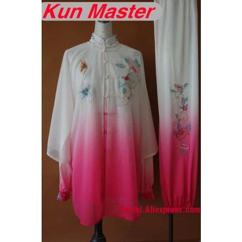 Custom Performance White Pink Gradual Change Color Tai Chi Uniform Flower Embroidery Martial Art Clothing For Kung Fu