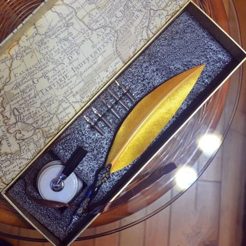 Gold Color Retro Carving Quill Feather Pen Set with Pen Holder 5 Nibs Signature Calligraphy Gift Feather Dip Pen