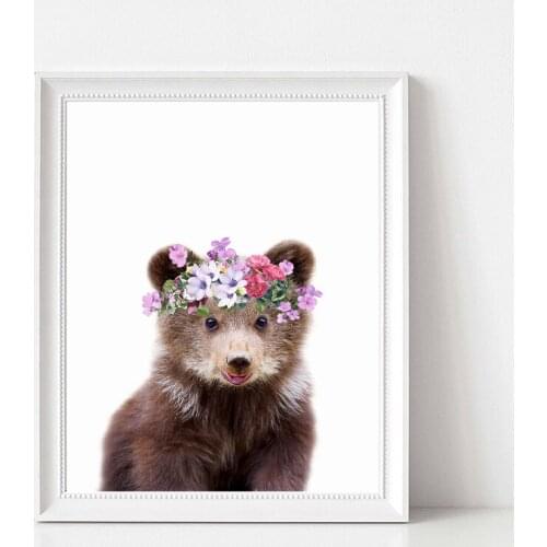 Woodland Animal Bear Print Baby Girls Nursery Wall Decor , Cute Bear Cub Flower Crown Wall Art Canvas Painting Baby Girls Gift