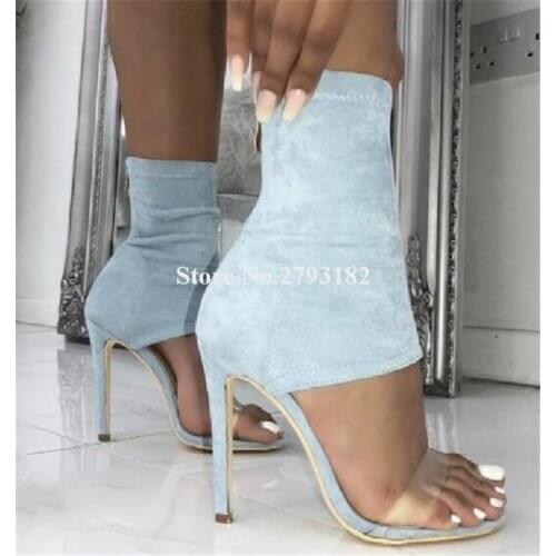 New Fashion Women Open Toe Suede Leather One PVC Strap Thin Heel Short Boots Cut-our Ankle Wrap High Heel Ankle Booties