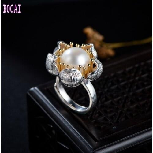 Original 925 sterling silver flower pearl ring ethnic style creative kapok round beads womans open ring