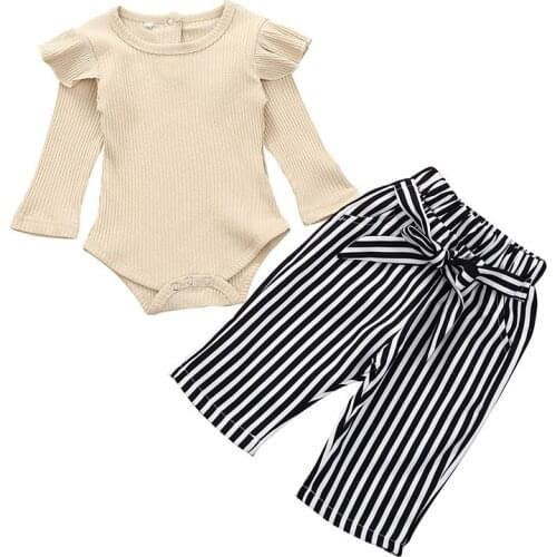 Autumn baby girl autumn romper set Long Sleeve Cotton Romper Tops Stripe Print Pants Outfits Set 0-24M