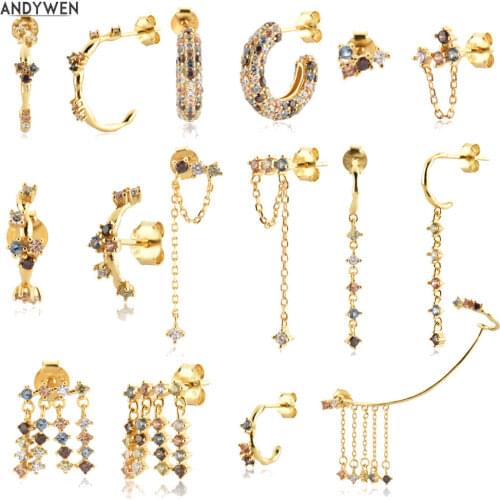 ANDYWEN 925 Sterling Silver Summer Sage Five Fox Rainbow CZ Chain Circle Drop Earring Zircon Luxury 2021 Wedding Jewelry