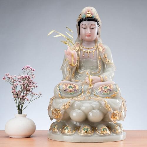 GOOD # Buddhist high-grade home family efficacious bless Talisman Mascot gilding gold jade Guanyin Buddha statue -30CM Large