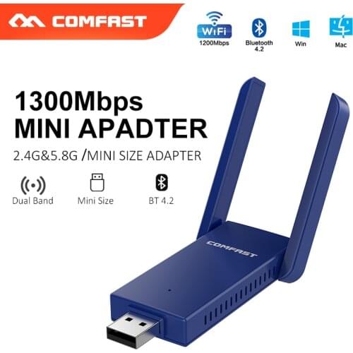 USB WiFi Bluetooth Adapter 1300Mbps Dual Band 2.4Ghz/5Ghz Bluetooth 4.2 USB Ethernet wifi Receive&Transmit With 2*3dBi antennas