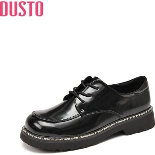DUSTO 2021 new autumn middle heel flat bottom black round head lace up small leather shoes womens shoes