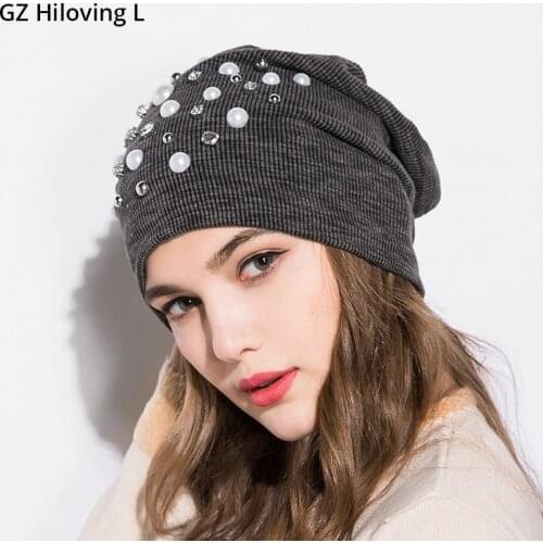 GZHilovingL 2018 New Spring Summer Women Knitted Cap Diamond Pearl Beanies For Women Solid Slouchy Skullies Bone Caps Hat Gorras