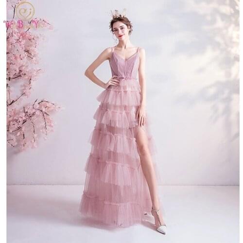 Prom Dresses Long 2020 Pink Tulle Formal V Neck Spaghetti Strap Tiered Bow Front Split Lace Up Back Formal Evening Gowns Stock