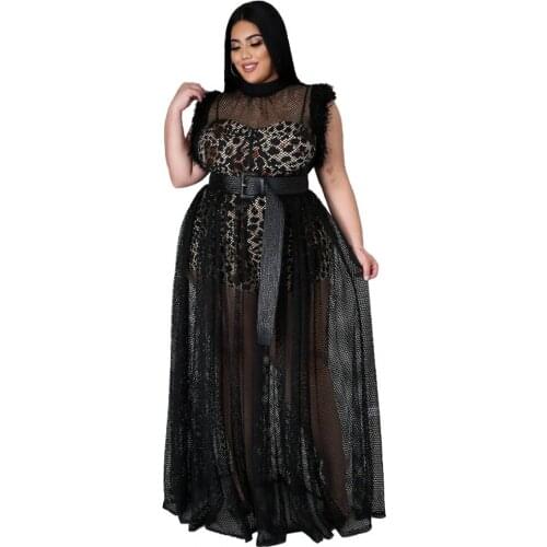 4XL 3XL Plus Size Womens Clothing 2021 Spring Autumn Black Fashion Designer Dress See Through Sleeveless Maxi Dress Big Size