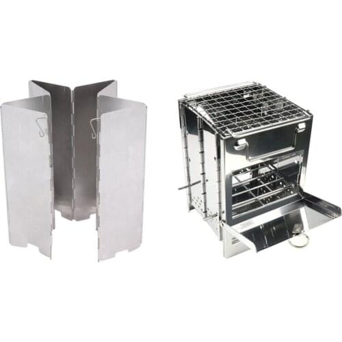 12X Plate Foldable Stove Windshield & 1x Upgraded Camping Wood Stove Adjustable Folding Wood Stove Burning