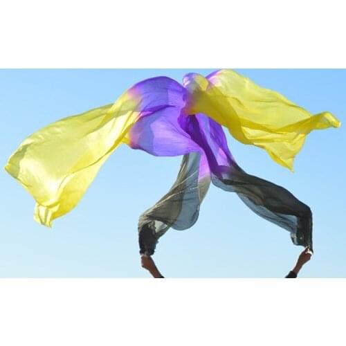 2016 female high quality Chinese 1 Pair of belly dancing fans cheap hot sale black + Purple + yellow silk veils dance fans