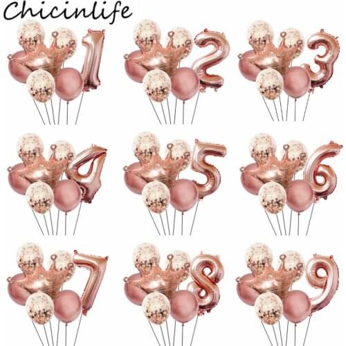 7Pcs Rose Gold Number 0-9 Crown Foil Balloons Kids 1st 2nd 3rd Birthday Party Decor Baby Shower Boy Girl 1 2 Year Old Supplies