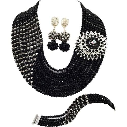 Black and Silver African Necklace Jewelry Set Nigerian Wedding Accessories Crystal Bridal Party Jewelry Sets for Women 10JZ01
