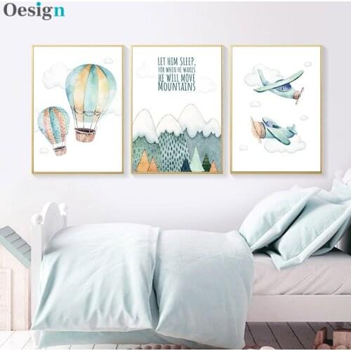 Childrens adventure poster print color painting artwork airplane balloon canvas painting mural Nordic kid boy bedroom decoratio