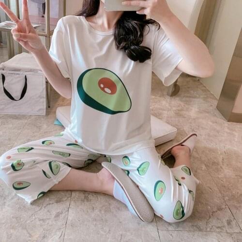 Women Pineapple Avocado Fruit Loose Short Sleeve T-shirt Top Pants Pajama Set