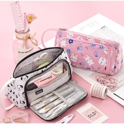 Kawaii Large Capacity Pencil Pen Case Bag Organizer with Two Zippers Handle Strap for Children Students Home School Stationery