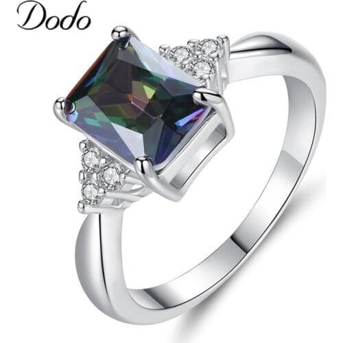 Creative Inlaid Rainbow Ring Mystic Female Silver Color Opal Square Stone Rings for Women Wedding Jewelry bague Anillos Hot R415