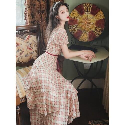 2020 new fashion womens clothing Plaid Short Vintage dresses dress women Square Collar