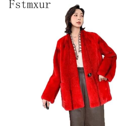 Fstmxur 2021 New Imports Cross Velvt Mink Fur Coat Womens Full Sleeve V-Neck Warm Single Button Pearl Color Short Mink Fur Coats