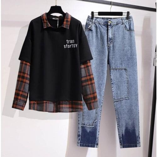 Autumn plaid sweatshirt women plus size bust 157cm 6XL 7XL 8XL 9XL 10XL loose long sleeve womens casual suit long blue jeans