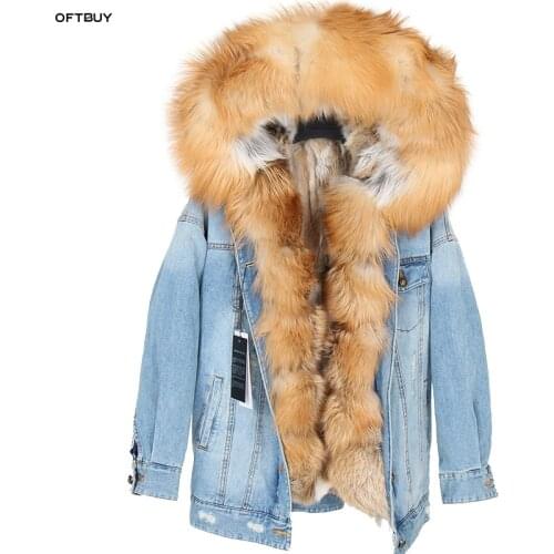 OFTBUY 2021 Winter Jacket Women Real Fur Coat natural Fox Fur Collar hooded rabbit liner short Parka bomber denim jacket vintage