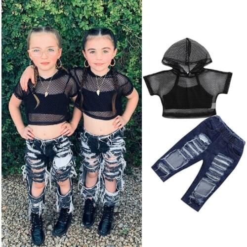 1-6Y Baby Girls Clothes Set 2021 Summer Kids Fishnet Short Sleeve Hooded Tops +Tank Top+Ripped Denim Pant Jeans Girls Outfits