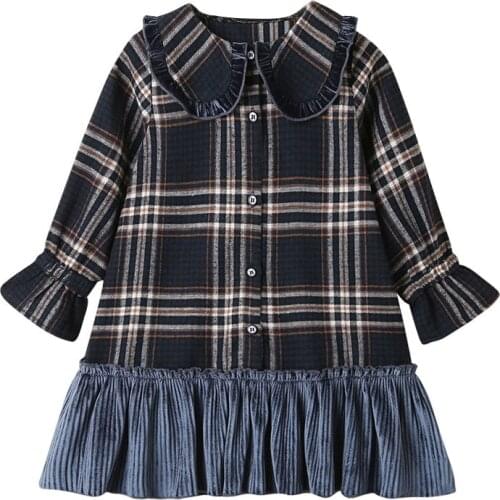 2 3 4 5 6 Year baby kids color block fall winter long sleeve flare dress velvet patchwork children girl dress cute baby clothes