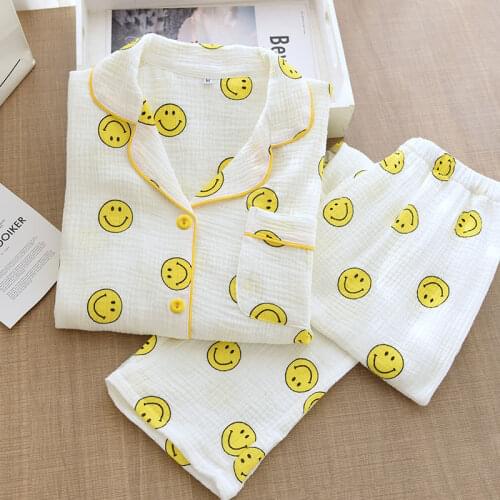 100% Cotton Womens Home Clothes Smiling face Printed Pajamas Home Suit Female Spring Gauze Sleepwear Set Plus Size Loungewear