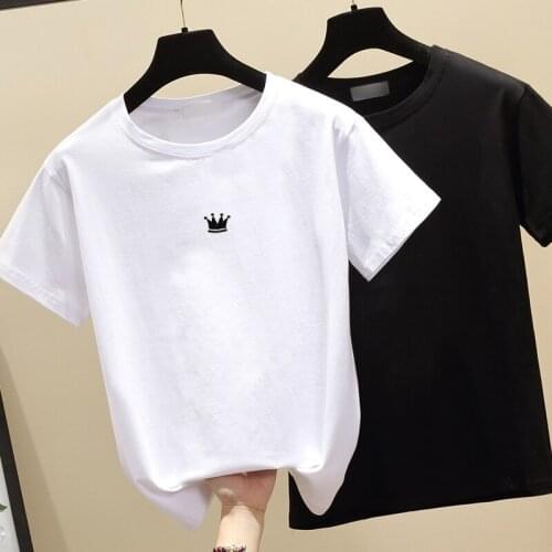 WWENN Casual Summer Tshirt Femme 2021 Solid Female Short Sleeve T Shirt Women Cotton Slim Embroidery White Black T-Shirt Woman