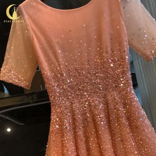 Rhine real Pictures Pink Beads Short Sleeves Front Short and Long Back Prom Dresses 2021 Party Dress