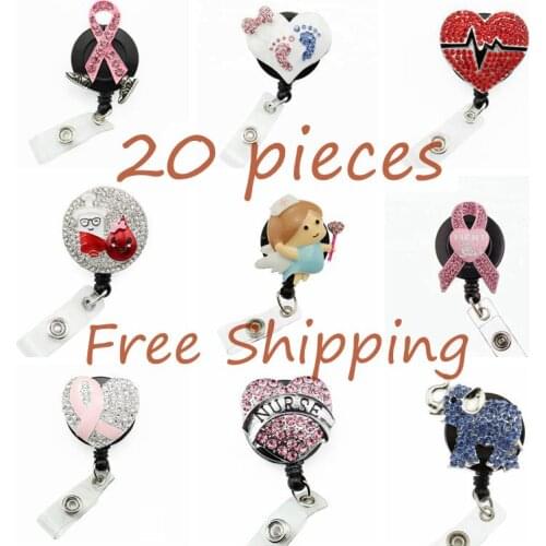 20 pieces/lot free shipping 9 STYLES ID Badge Holder Reel Nurse Brooch Pin Enamel Crystal