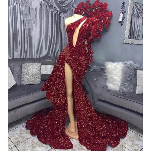 Dark Red Sequined Side Split Prom Dresses One Shoulder Long Sleeve Beaded Appliqued Mermaid Evening Dress Formal Gowns
