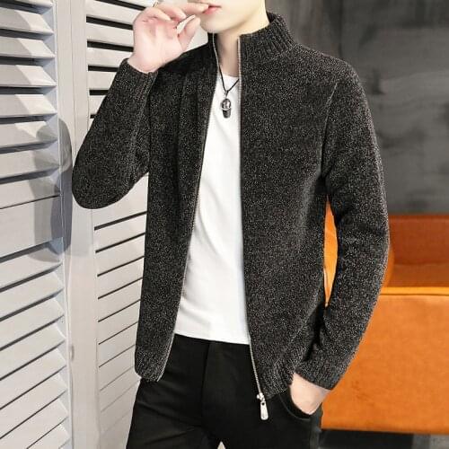 Knit sweater jacket mens cardigan autumn outer wear 2021 new solid color mens sweater chenille autumn and winter trend