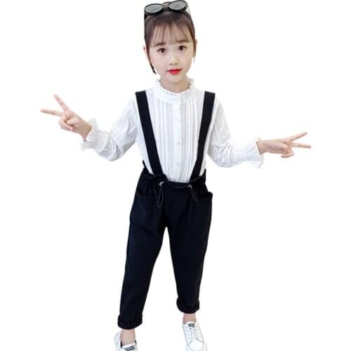 Teen Girls Clothing White Blouse + Jumpsuit Girls Clothes Set Spring Autumn Costumes For Girls Casual Style Tracksuits For Child