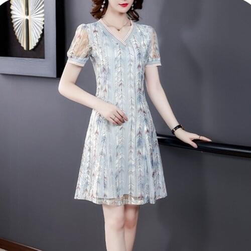 Korea Blue Lace Office Lady V-Neck Midi Dress 2021 Summer Vintage Beach Plus Size Sundress Female Elegant Bodycon Party Vestidos